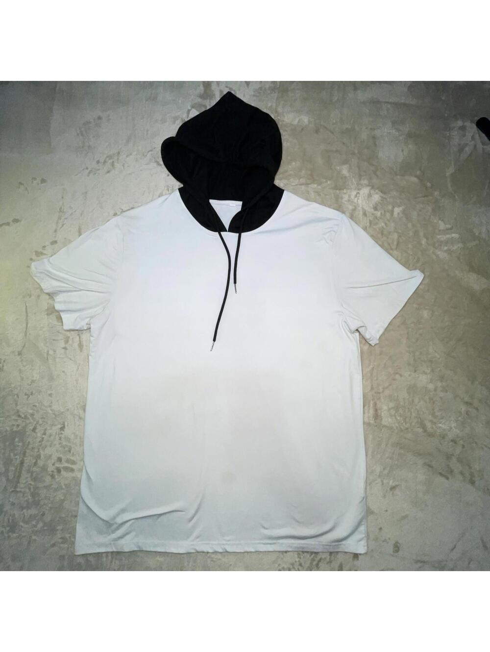 SHEIN Mens White Short Sleeve Pullover T-Shirt w/ Black Hood Activewear Sz L